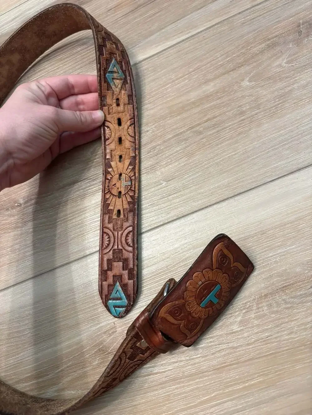 Vintage Fred Harvey Era Tooled Leather Belt with Turquoise